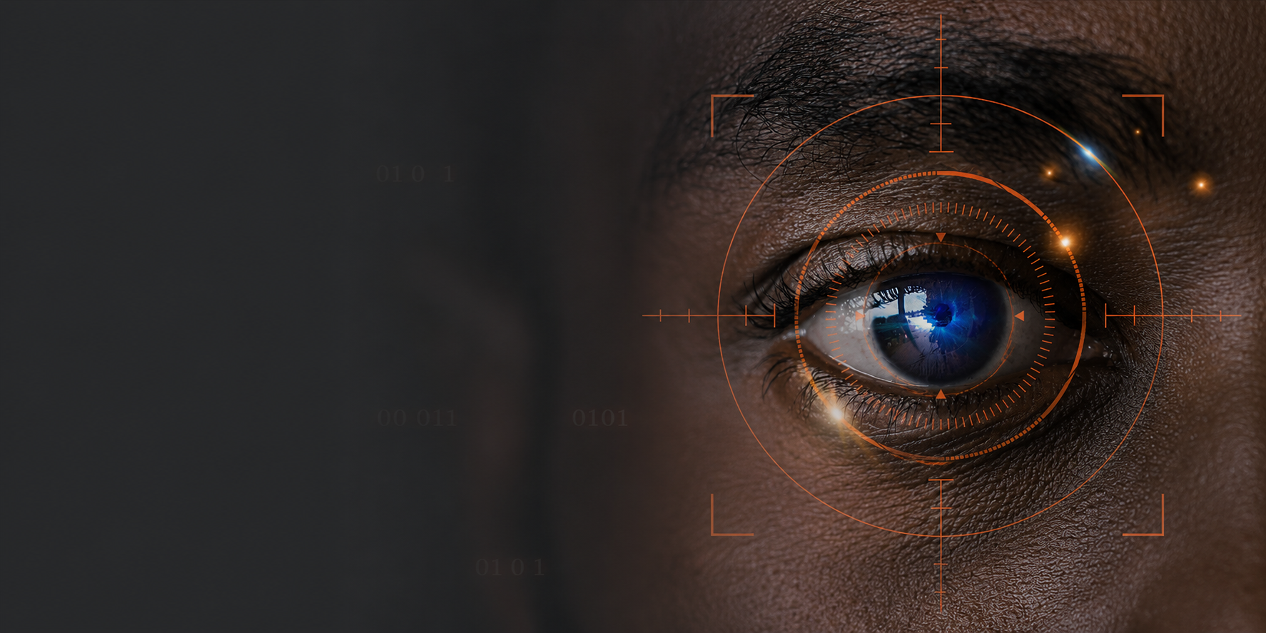 Close-up of a human eye overlaid with a biometric scanning reticle